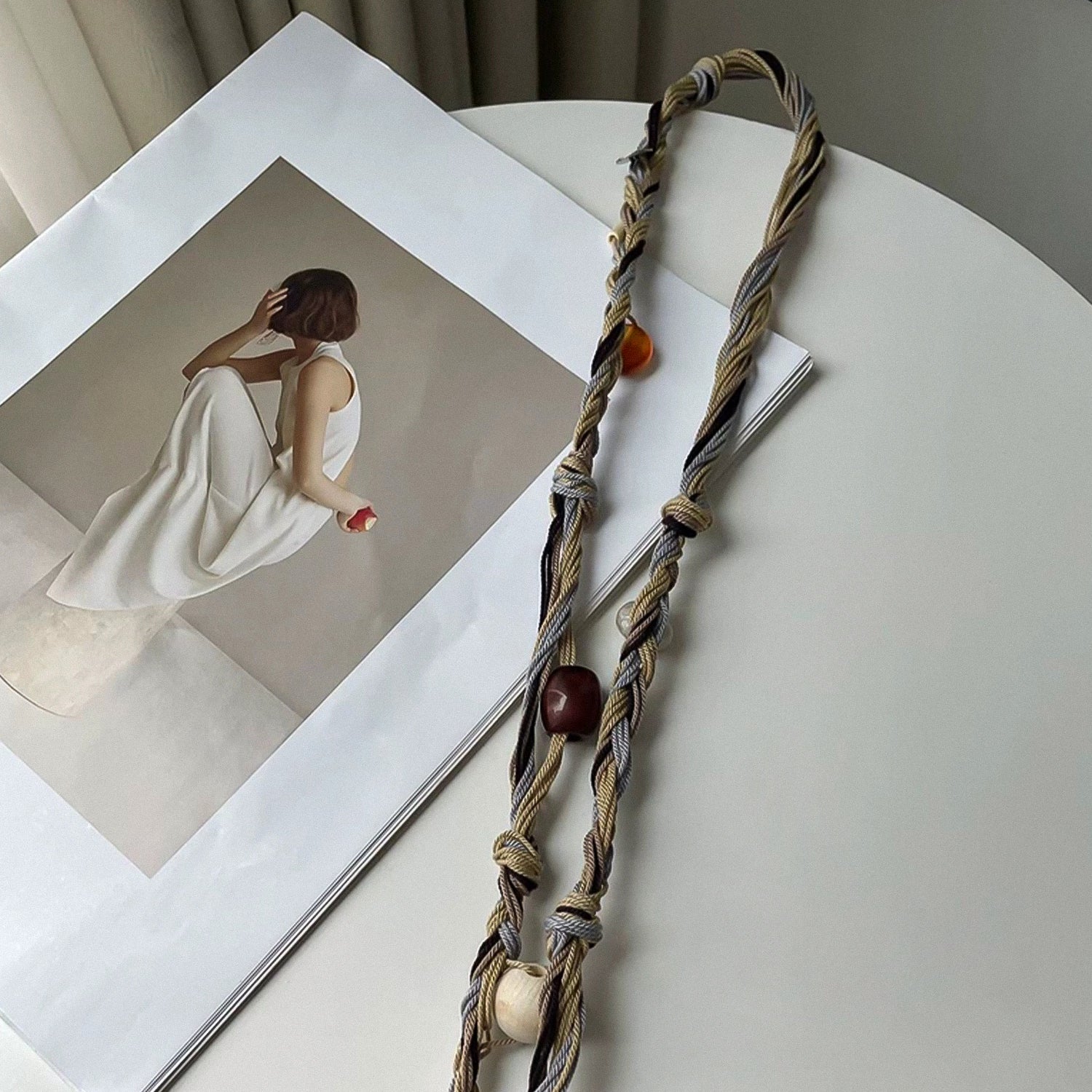 Hand-woven soft fabric wooden bead acrylic waist chain