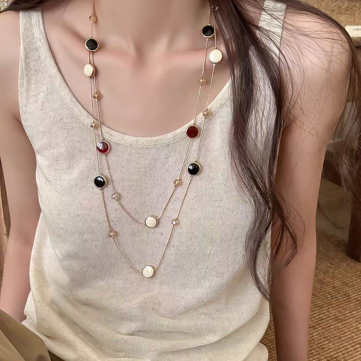 Round artificial gemstones double-layer long necklace