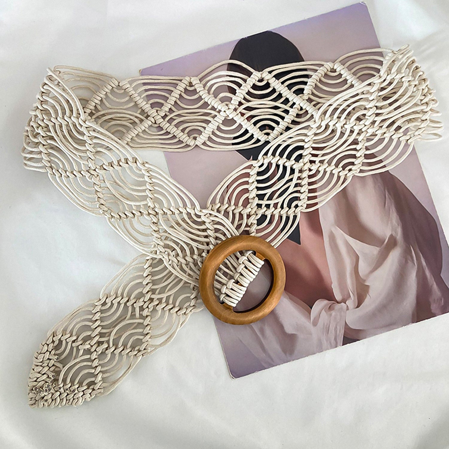 Bohemian-style white woven belt with geometric texture
