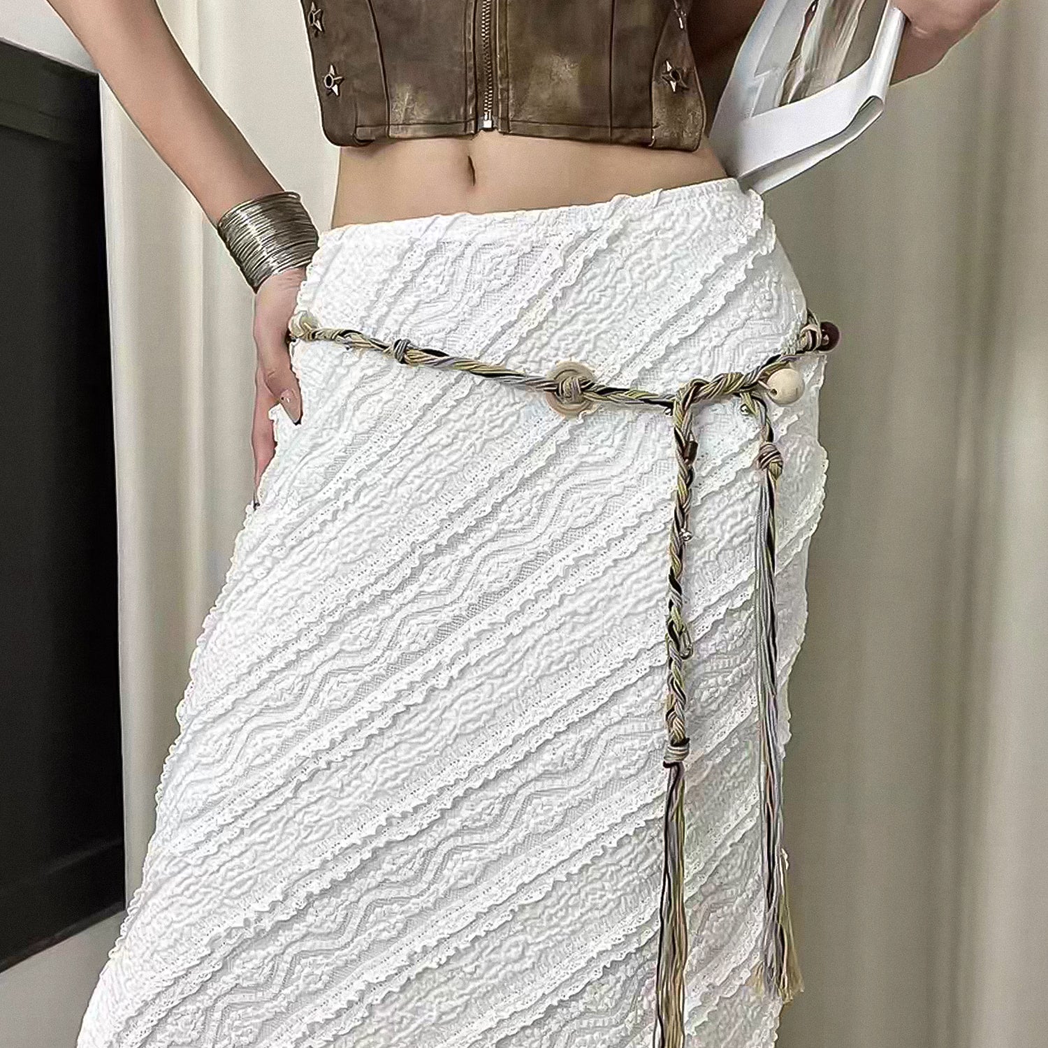 Hand-woven soft fabric wooden bead acrylic waist chain