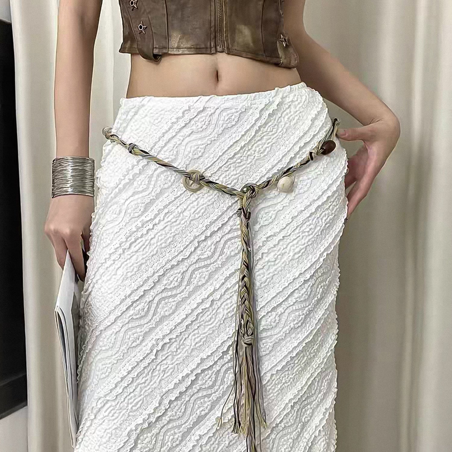 Hand-woven soft fabric wooden bead acrylic waist chain