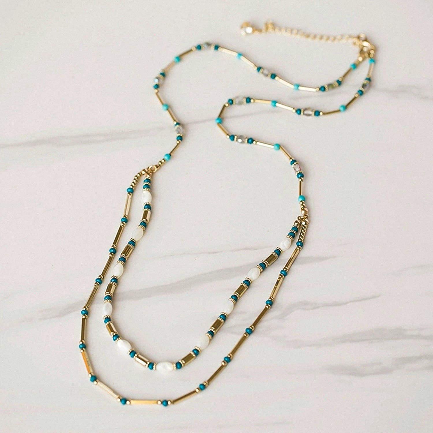 Blue beaded metal long necklace