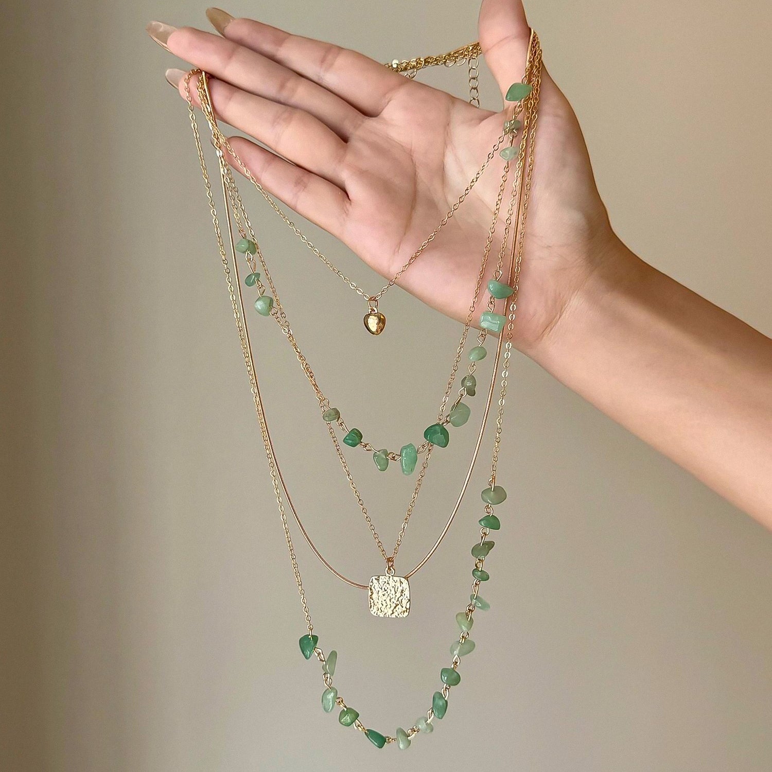 Bohemian-style natural green gemstone beaded multi-layered necklace