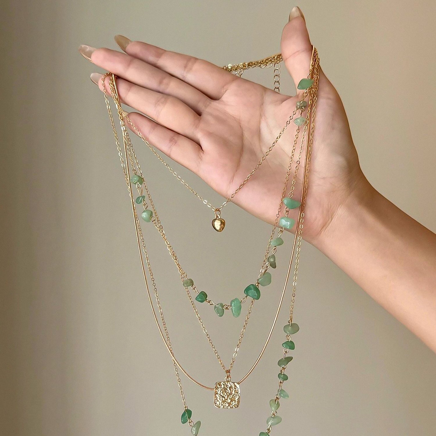 Bohemian-style natural green gemstone beaded multi-layered necklace