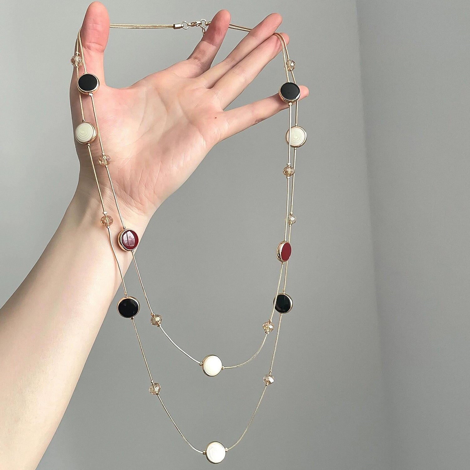 Round artificial gemstones double-layer long necklace