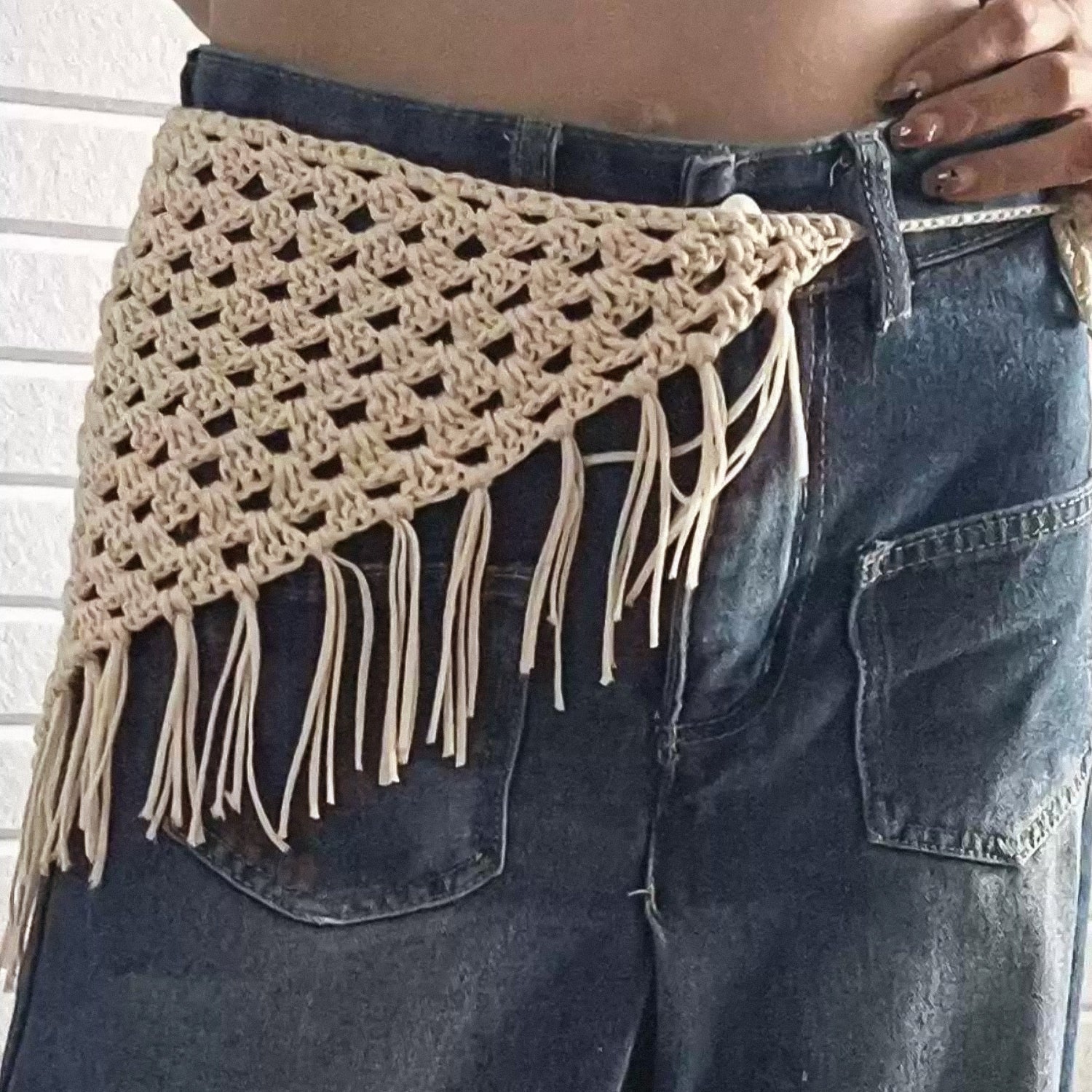 Hand-crocheted with a layered tassel triangular scarf pant curtain