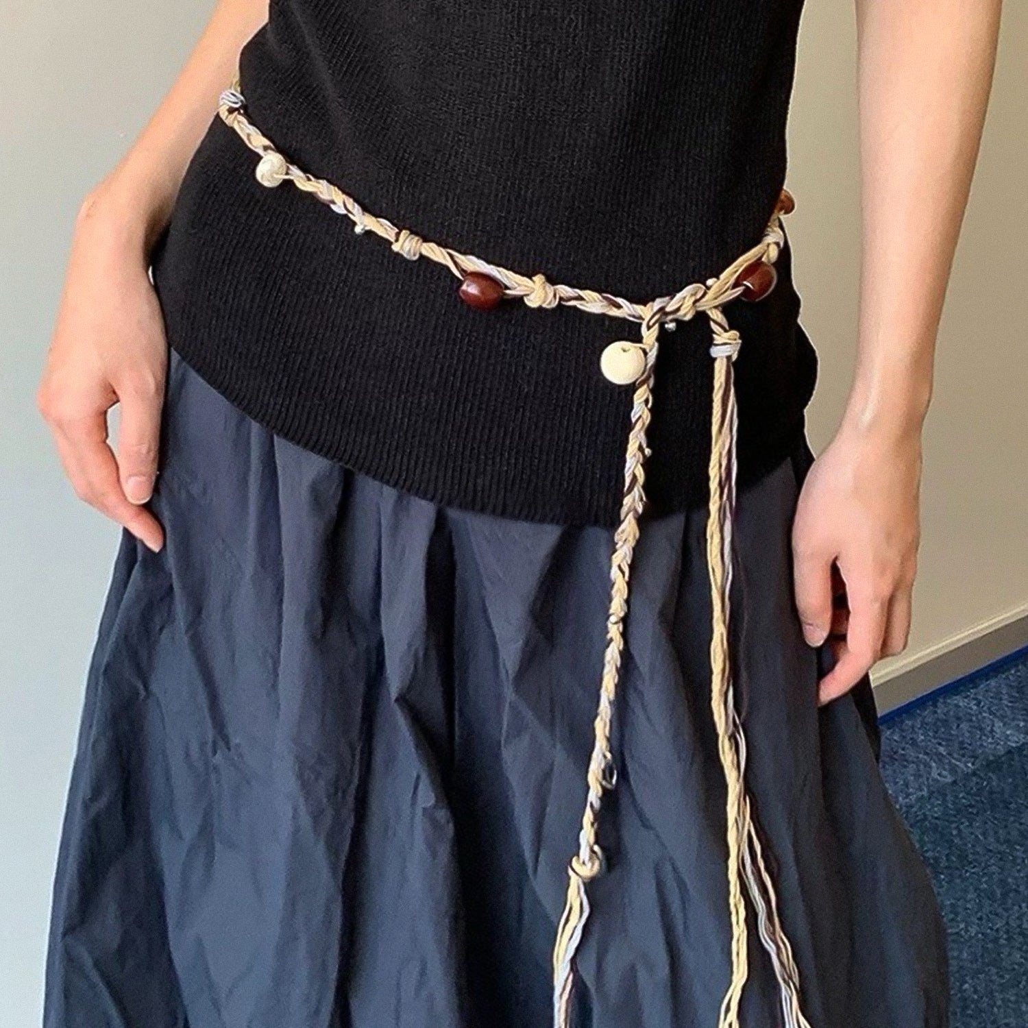 Hand-woven soft fabric wooden bead acrylic waist chain