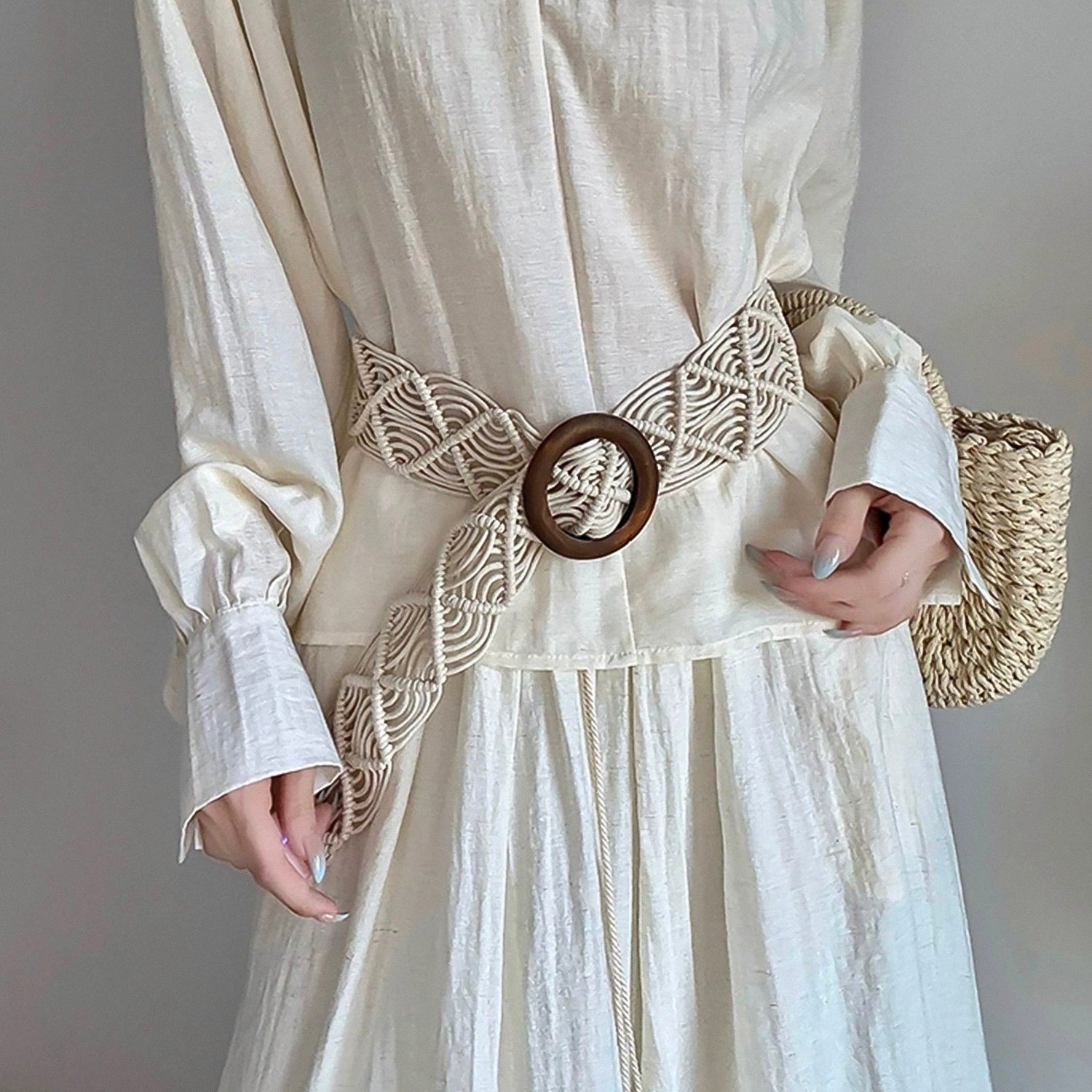 Bohemian-style white woven belt with geometric texture