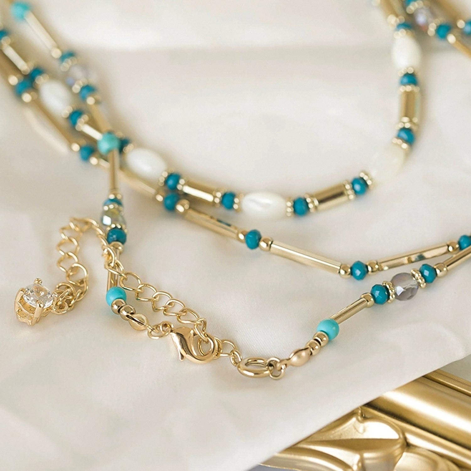 Blue beaded metal long necklace