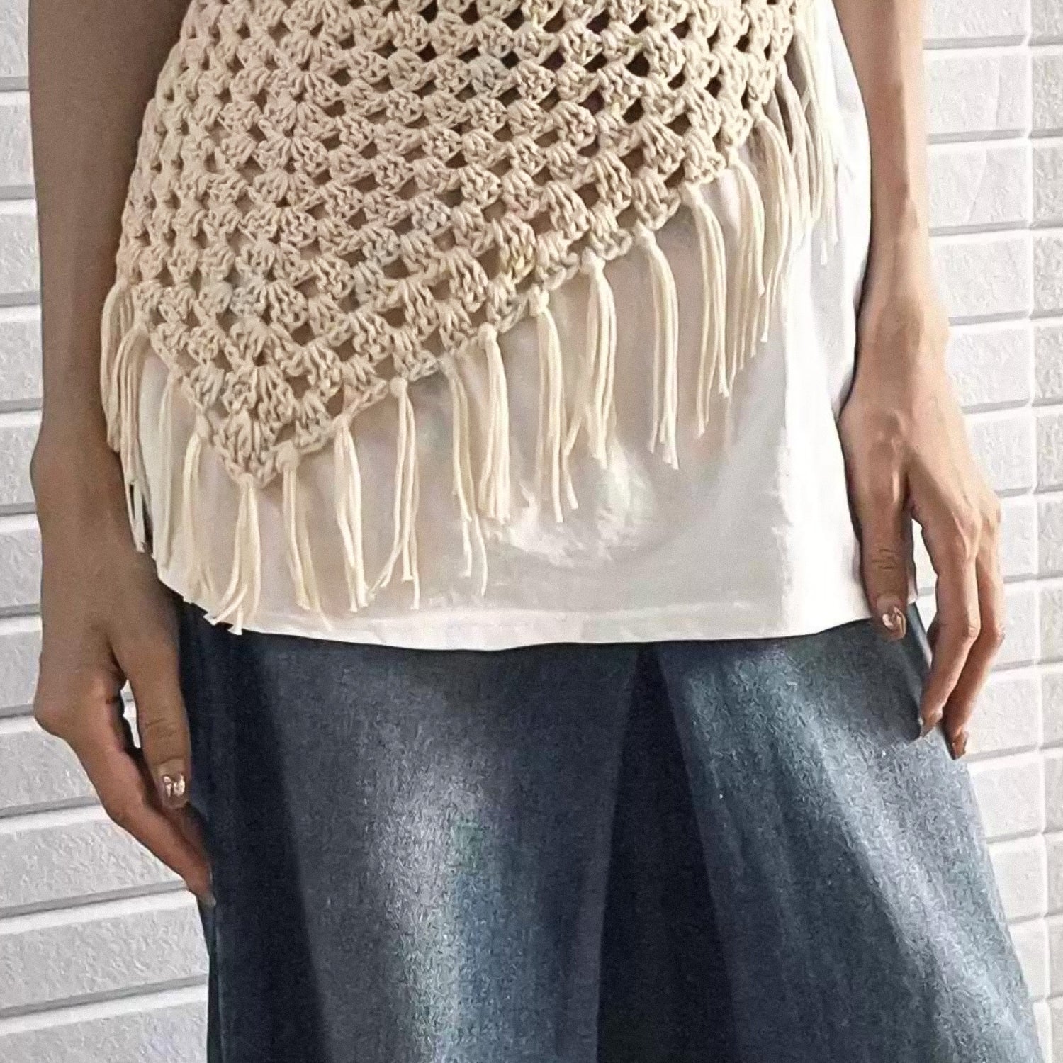 Hand-crocheted with a layered tassel triangular scarf pant curtain
