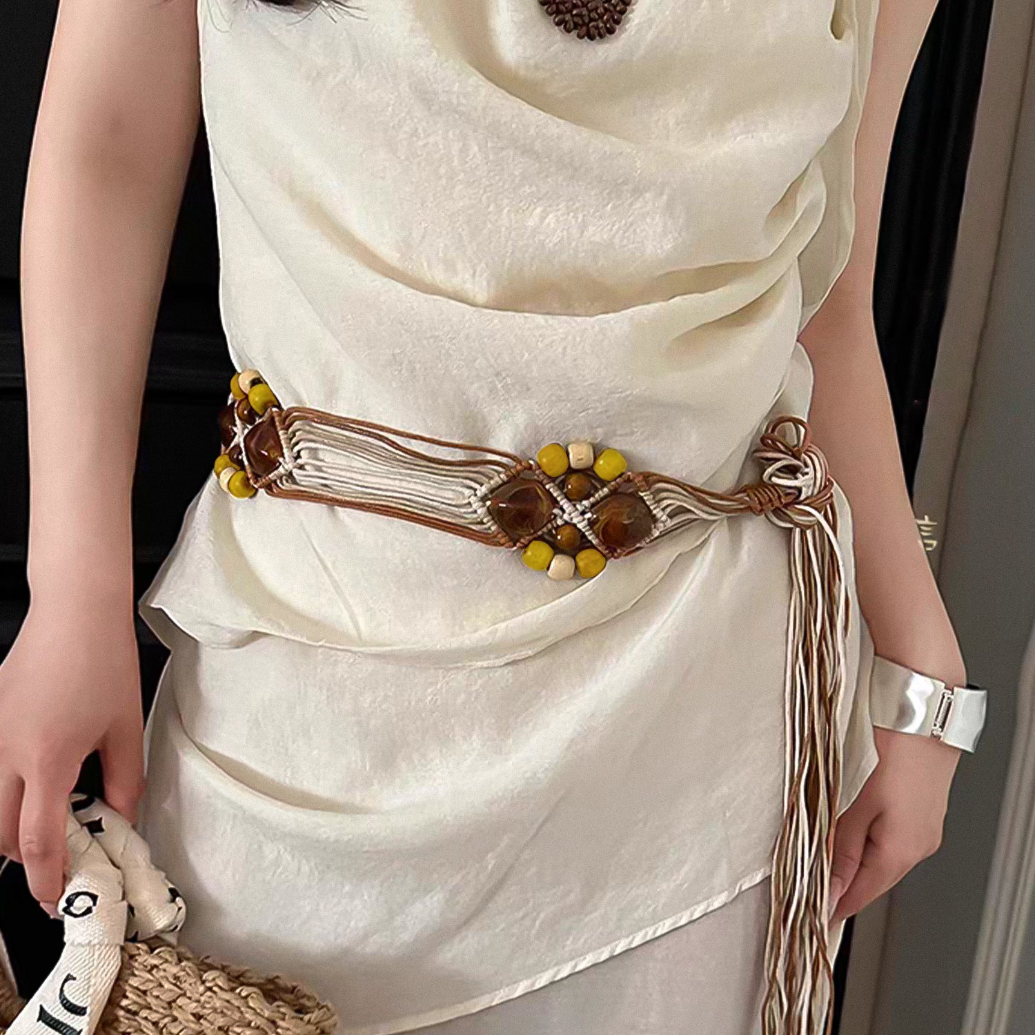 Bohemian-style acrylic wood bead woven belt