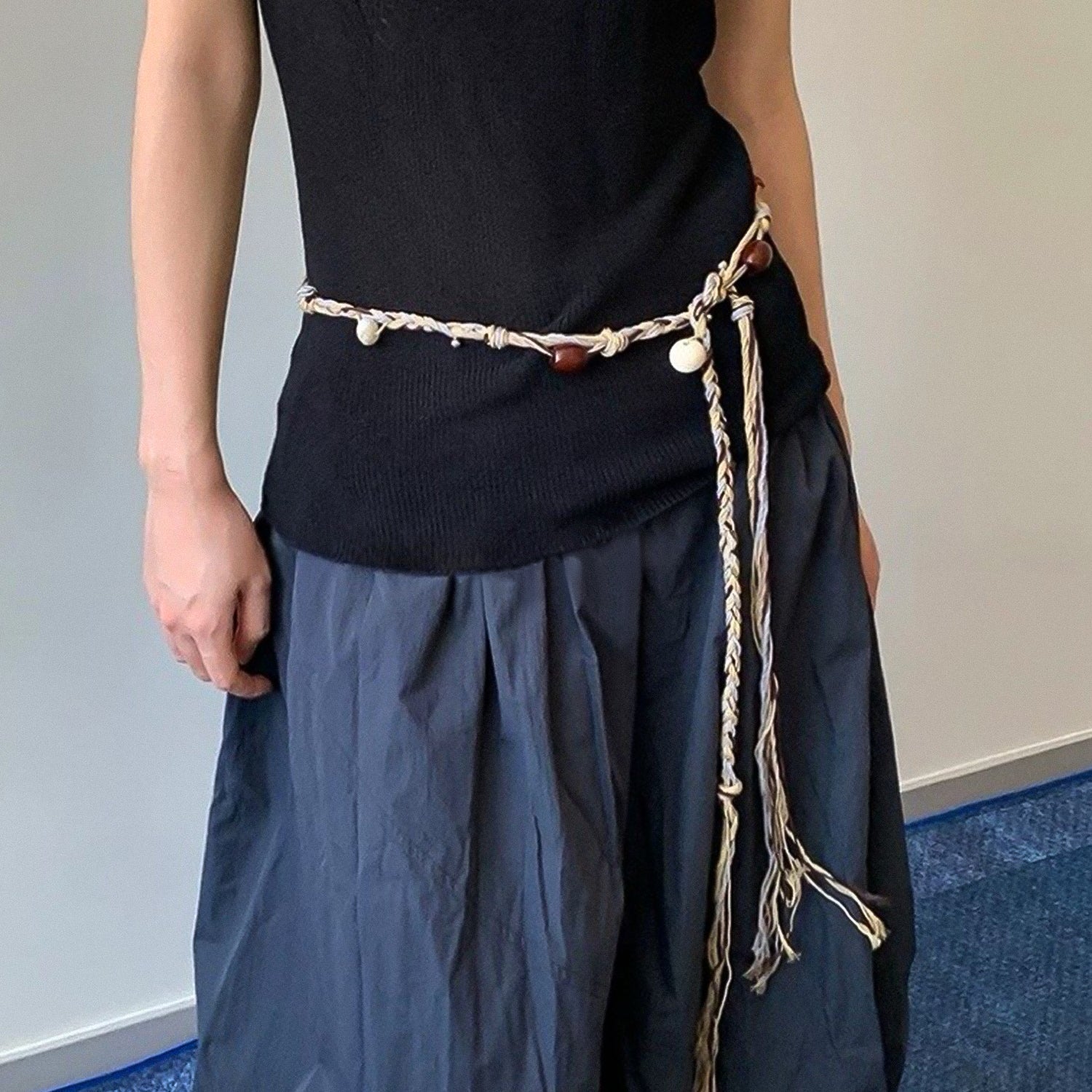 Hand-woven soft fabric wooden bead acrylic waist chain