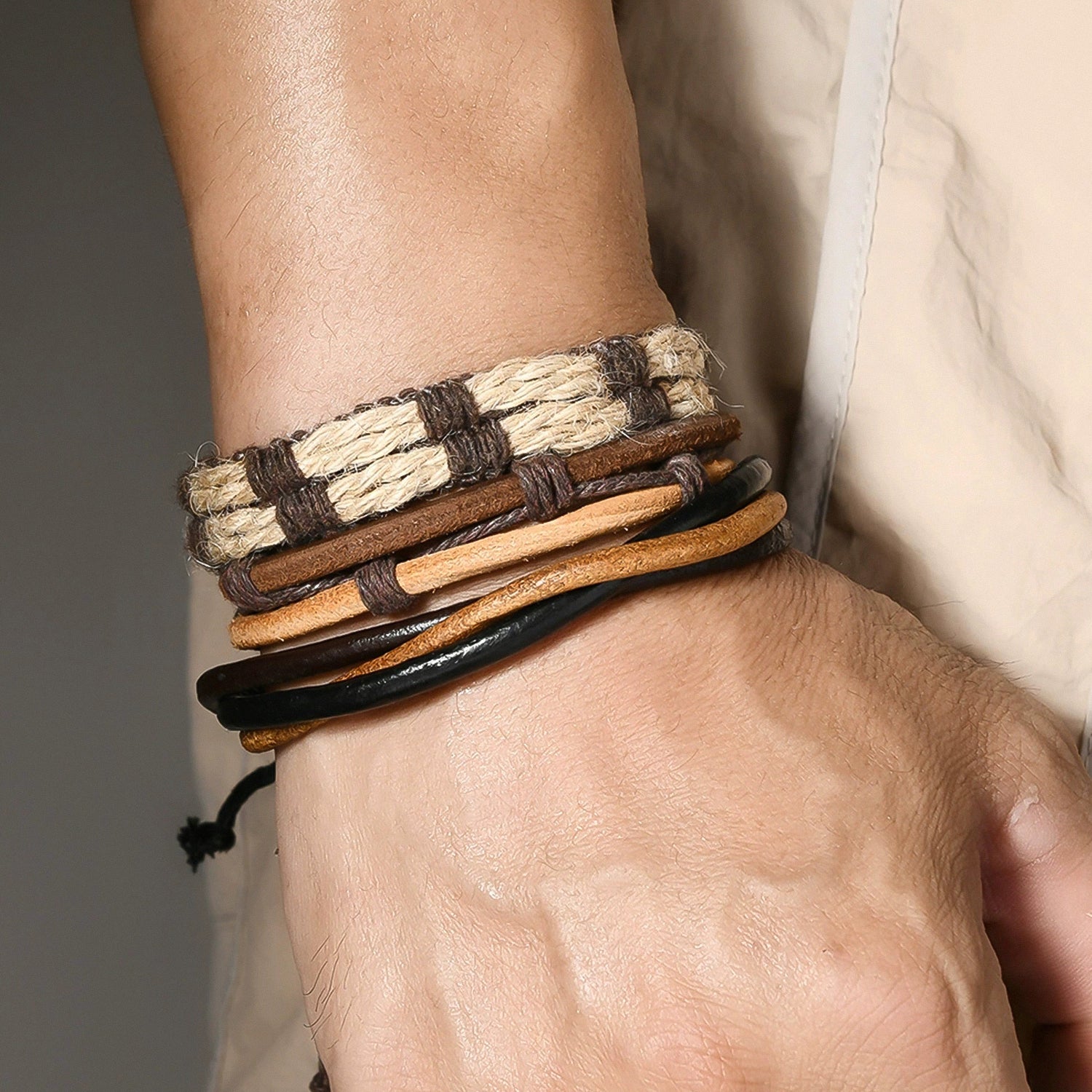 Hand-woven multi-layer and multi-material bracelet set