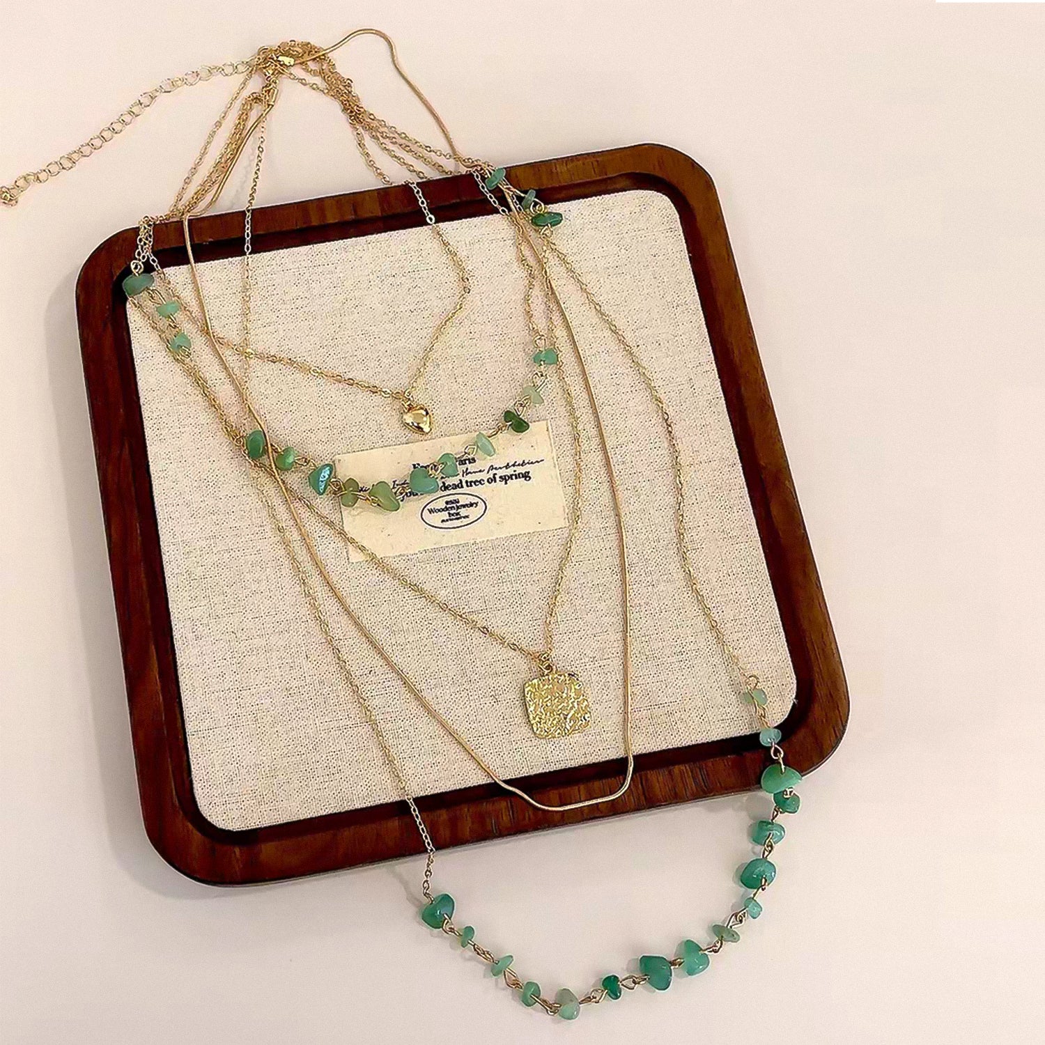 Bohemian-style natural green gemstone beaded multi-layered necklace