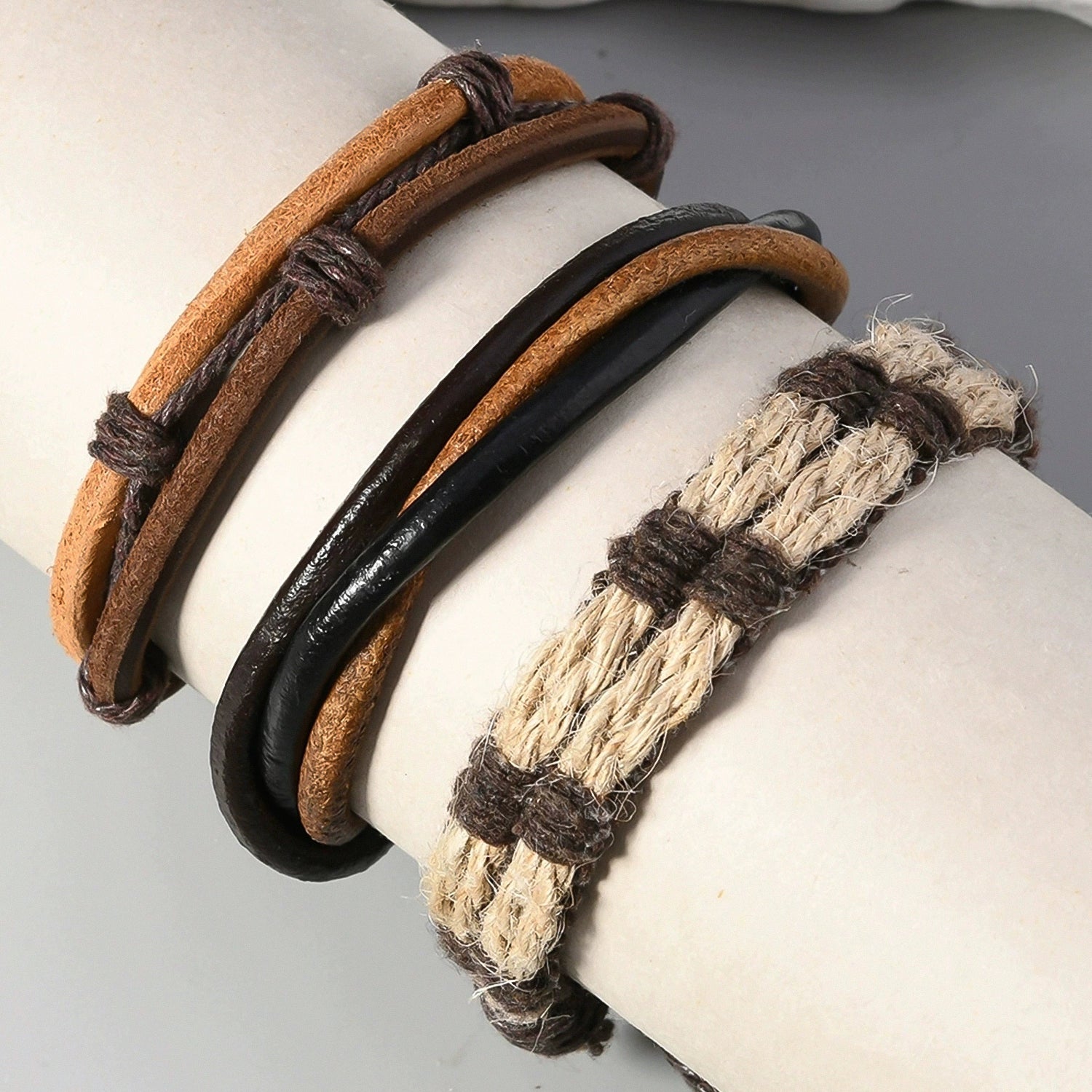 Hand-woven multi-layer and multi-material bracelet set