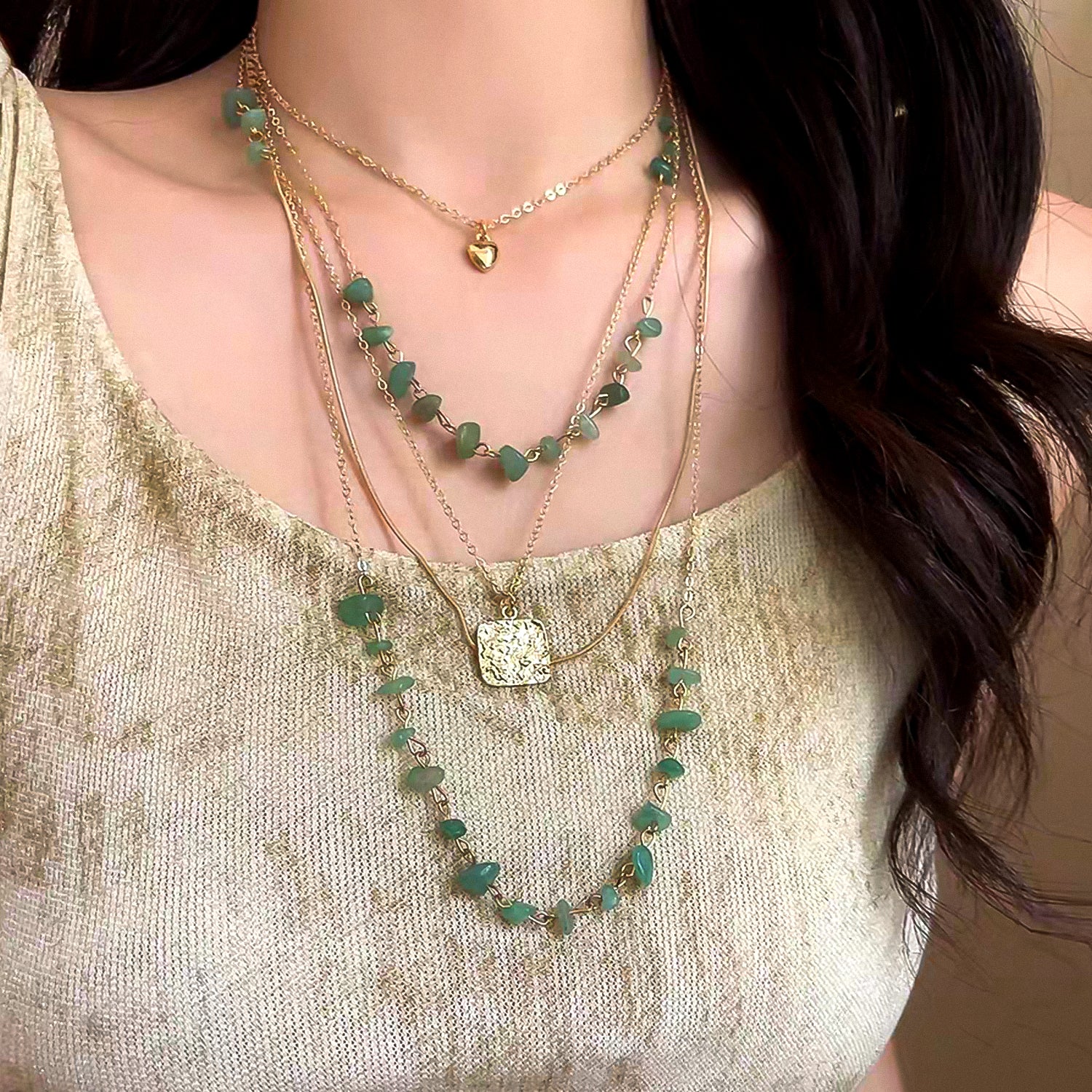 Bohemian-style natural green gemstone beaded multi-layered necklace