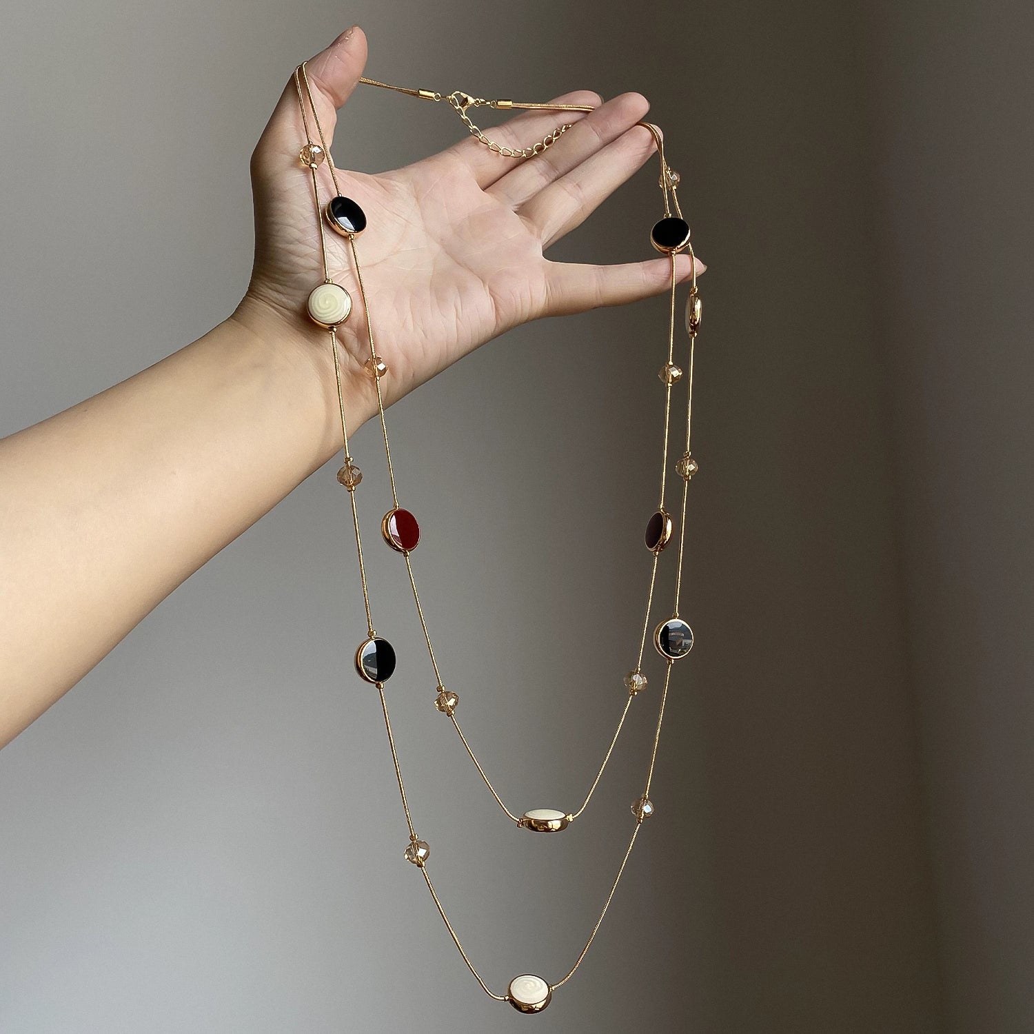 Round artificial gemstones double-layer long necklace