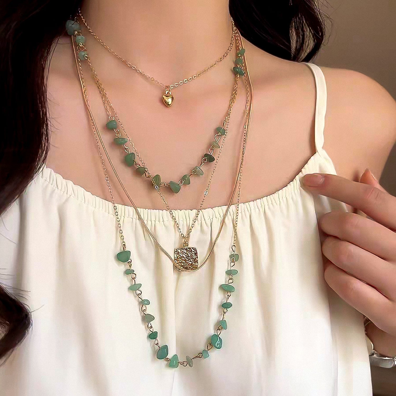 Bohemian-style natural green gemstone beaded multi-layered necklace