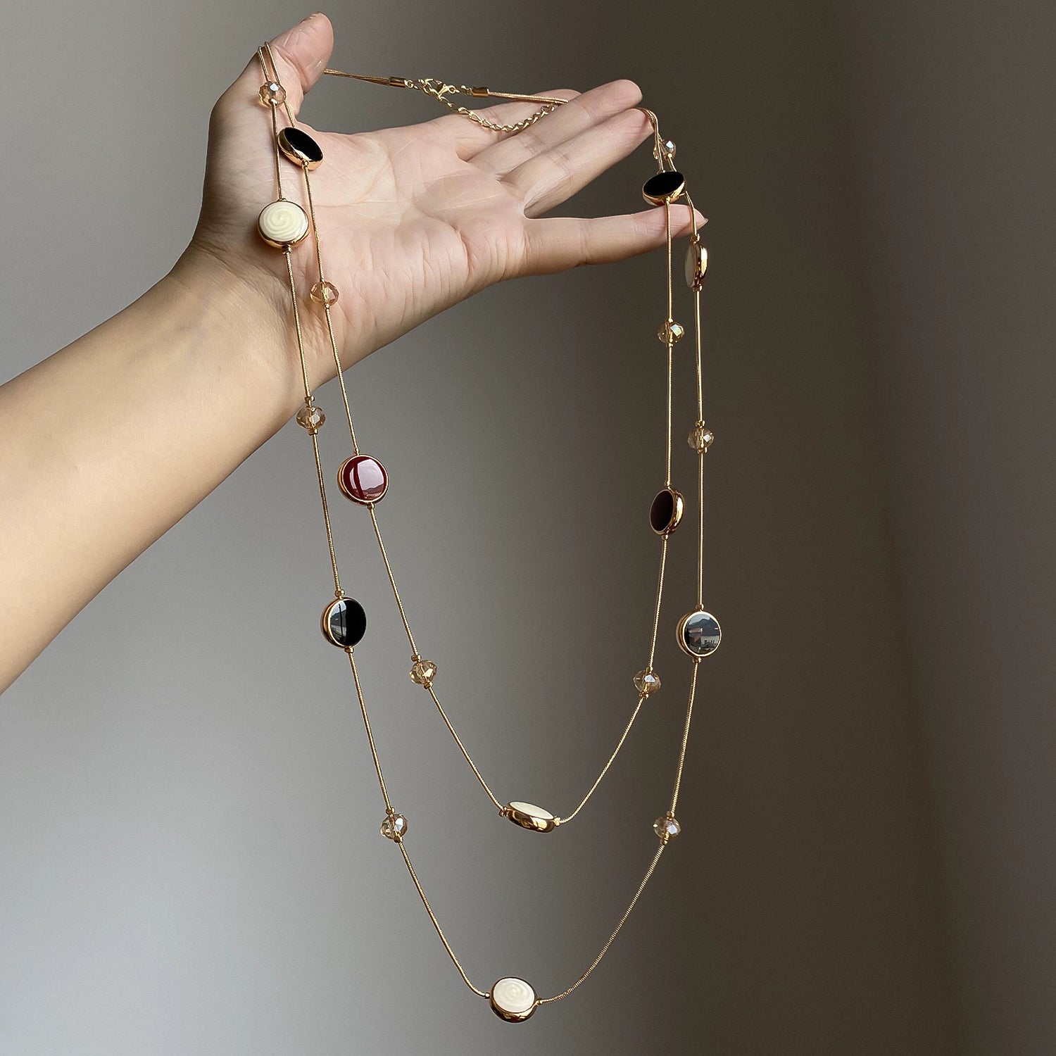 Round artificial gemstones double-layer long necklace