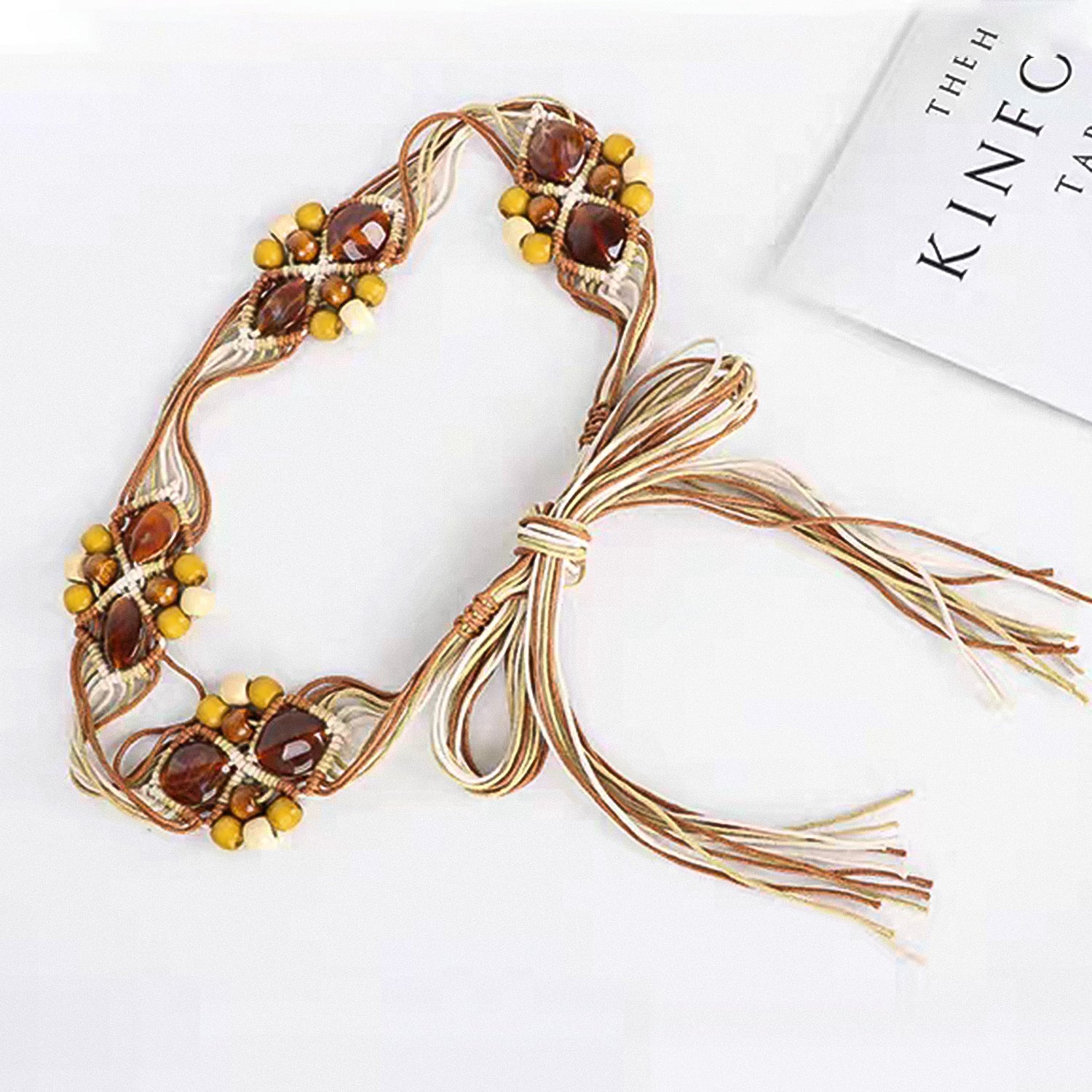 Bohemian-style acrylic wood bead woven belt