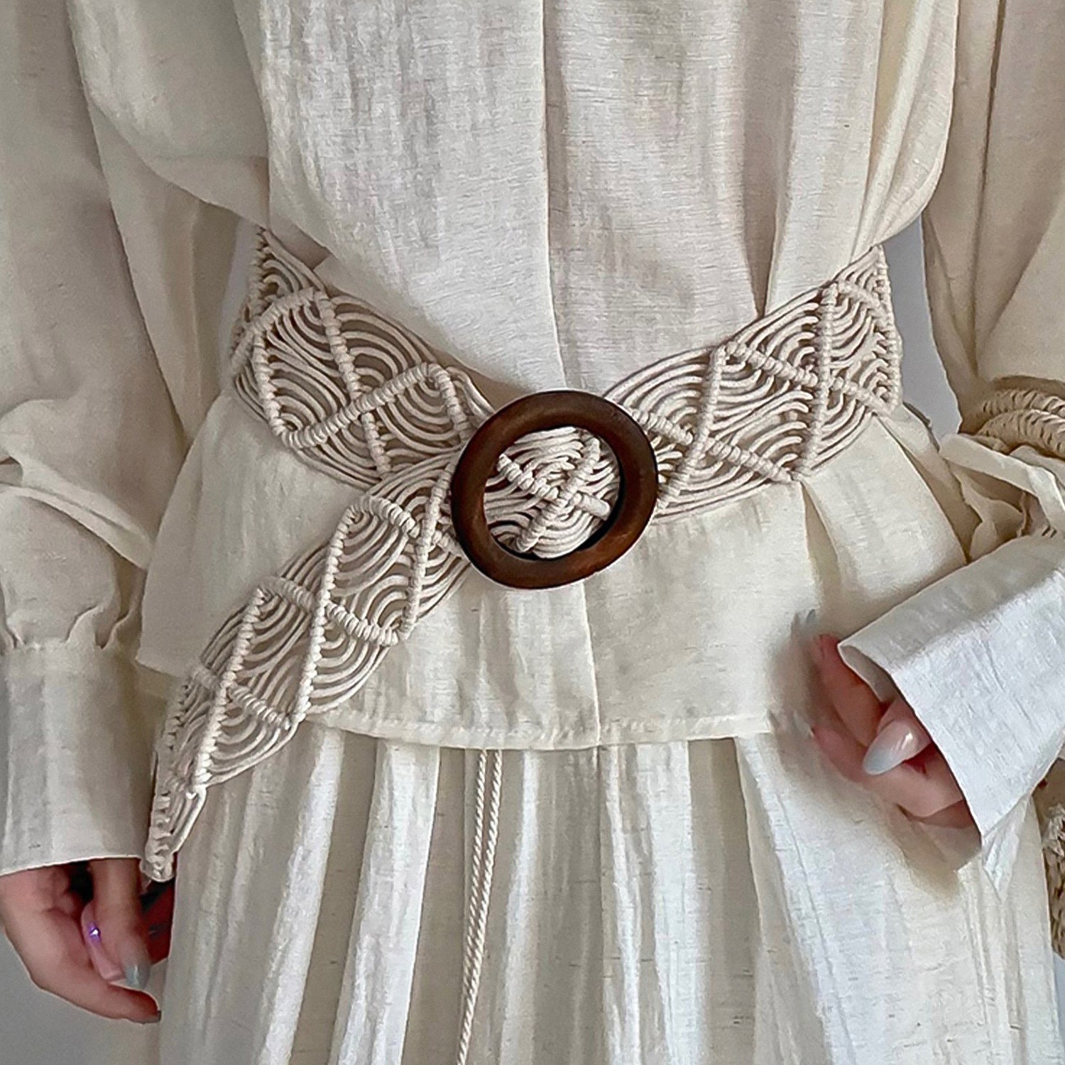 Bohemian-style white woven belt with geometric texture