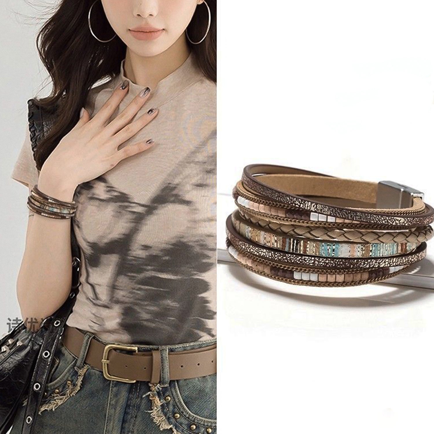 Bohemian hand-woven leather magnetic bracelet