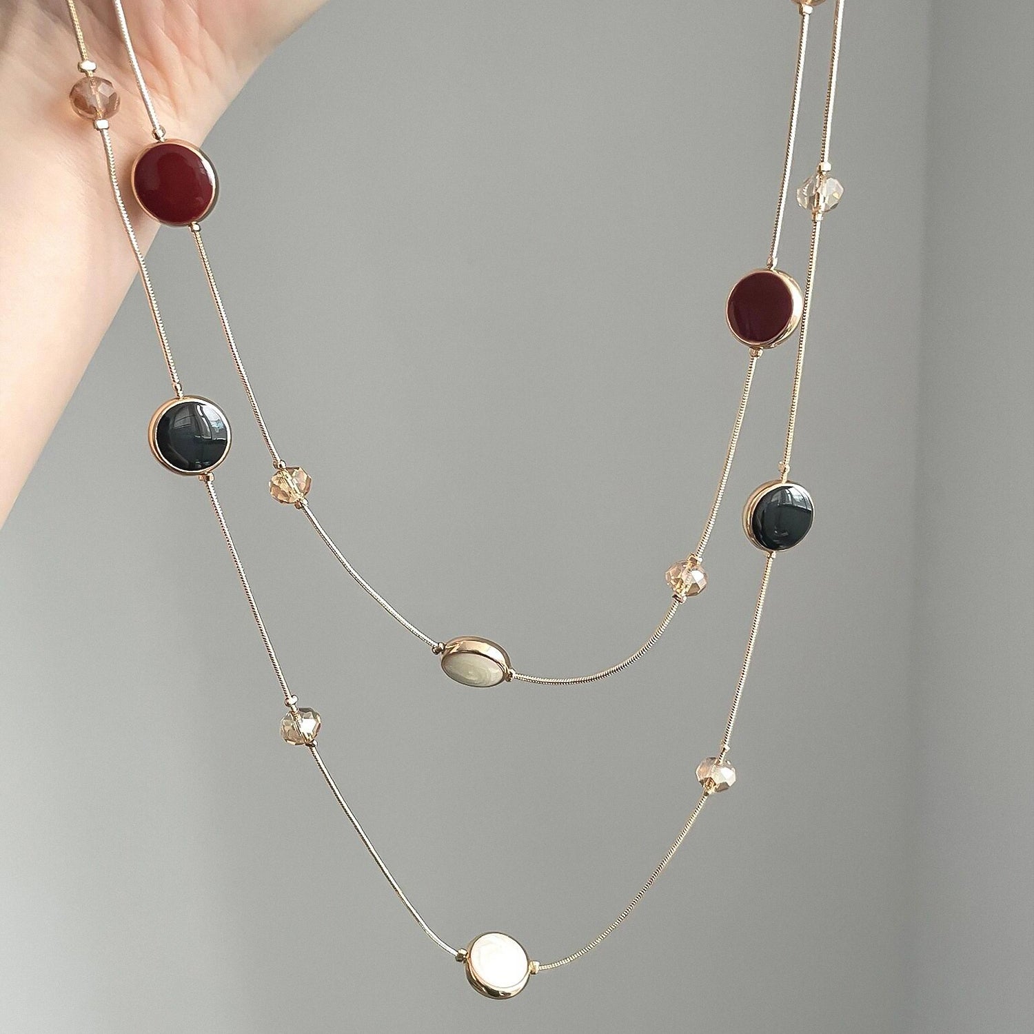 Round artificial gemstones double-layer long necklace