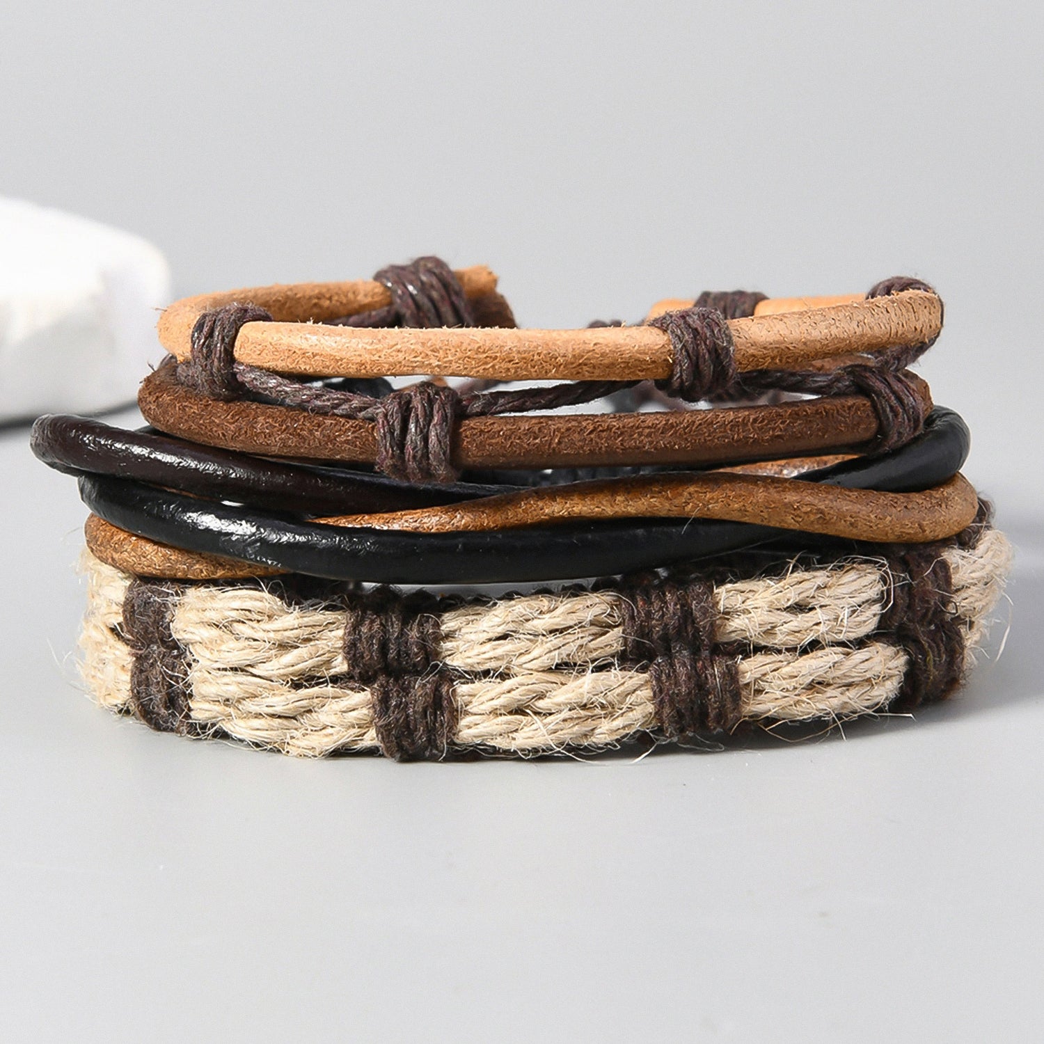 Hand-woven multi-layer and multi-material bracelet set