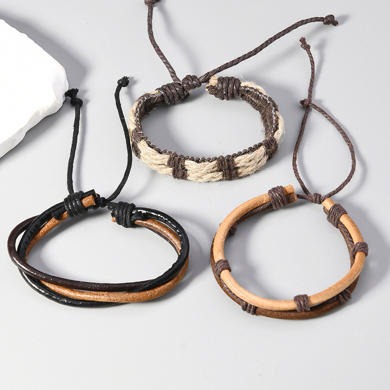 Hand-woven multi-layer and multi-material bracelet set