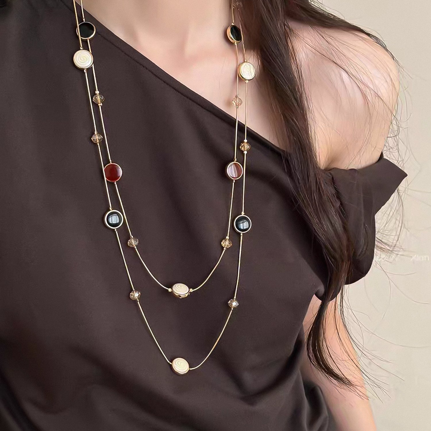 Round artificial gemstones double-layer long necklace