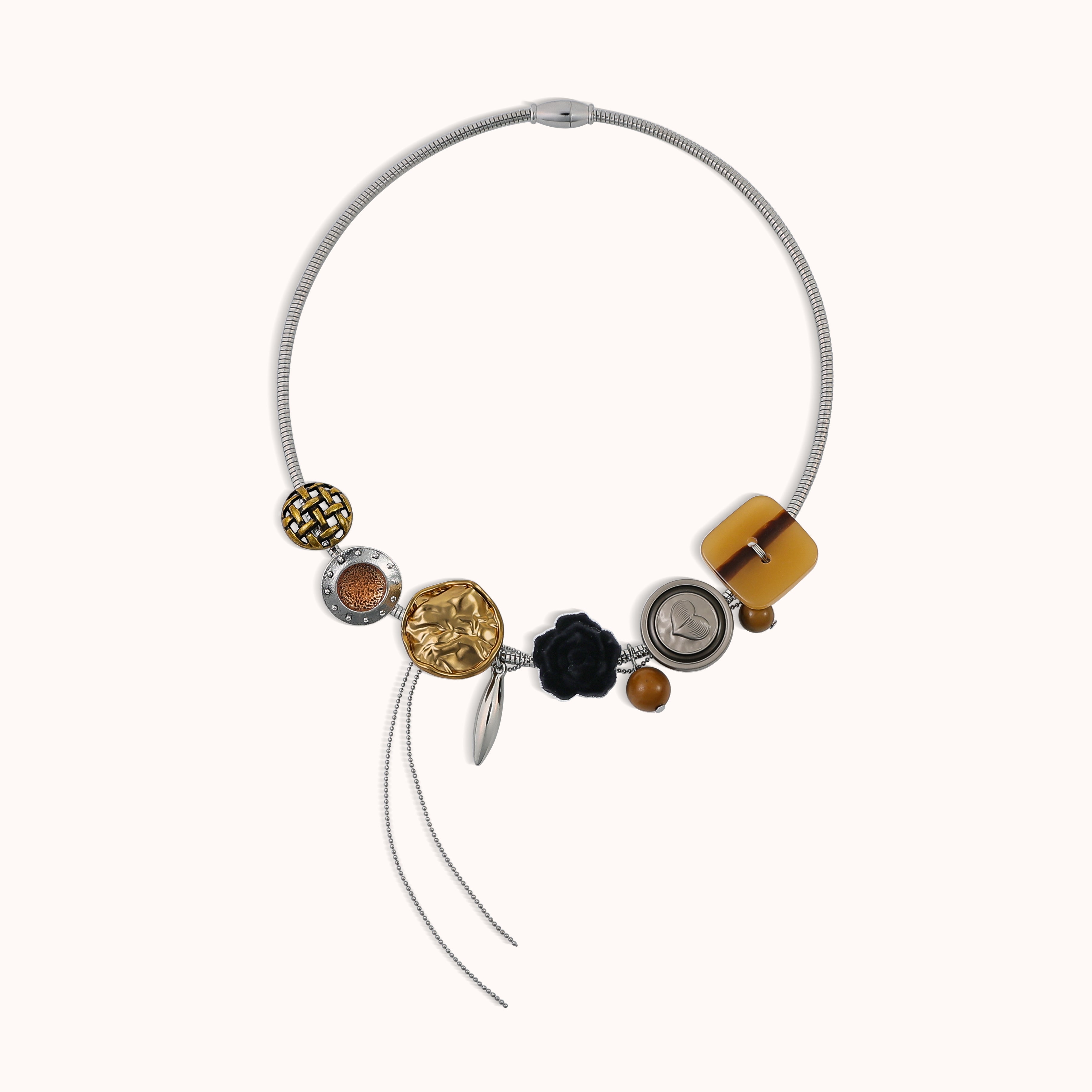 French vintage multi-element flocked floral button magnetic collar