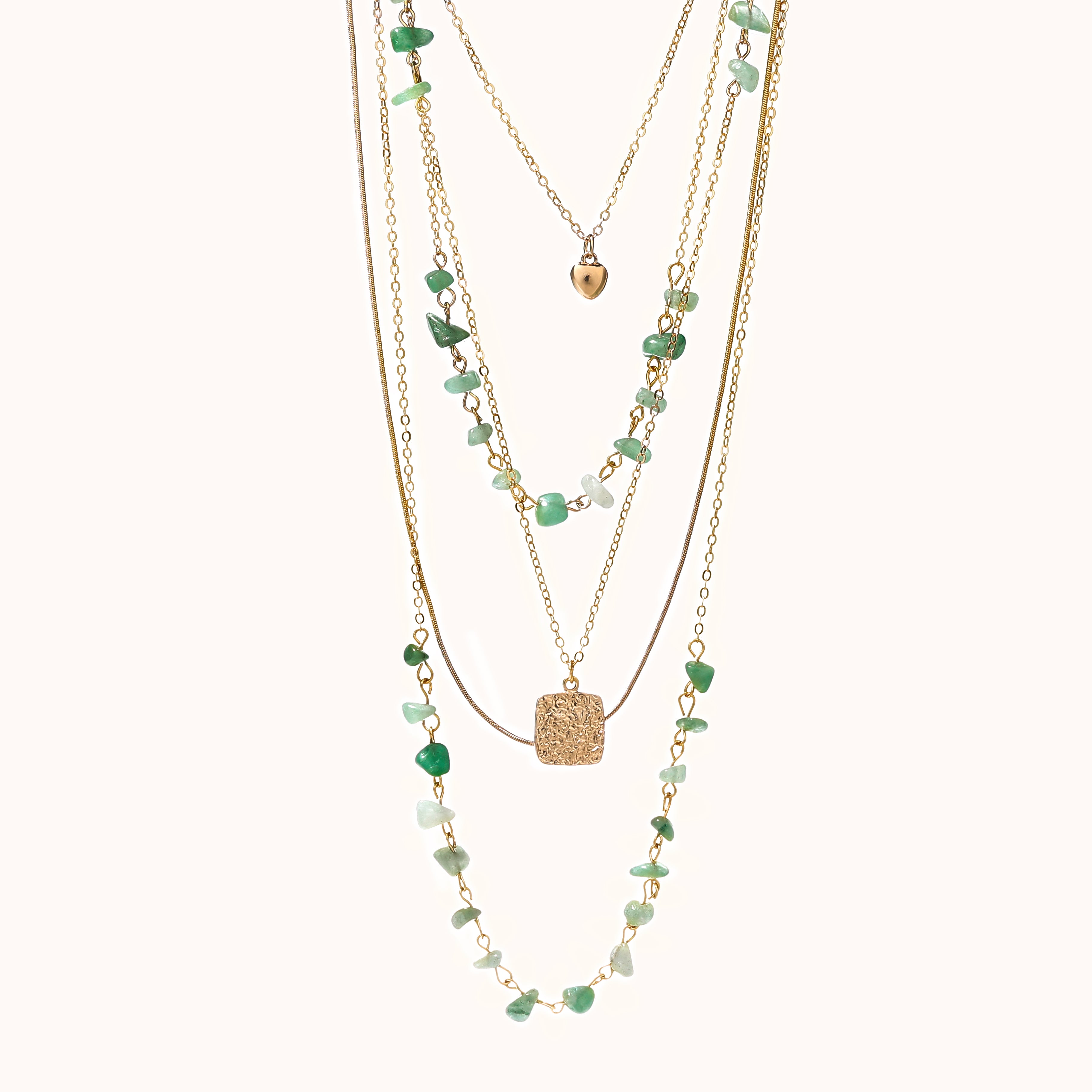 Bohemian-style natural green gemstone beaded multi-layered necklace