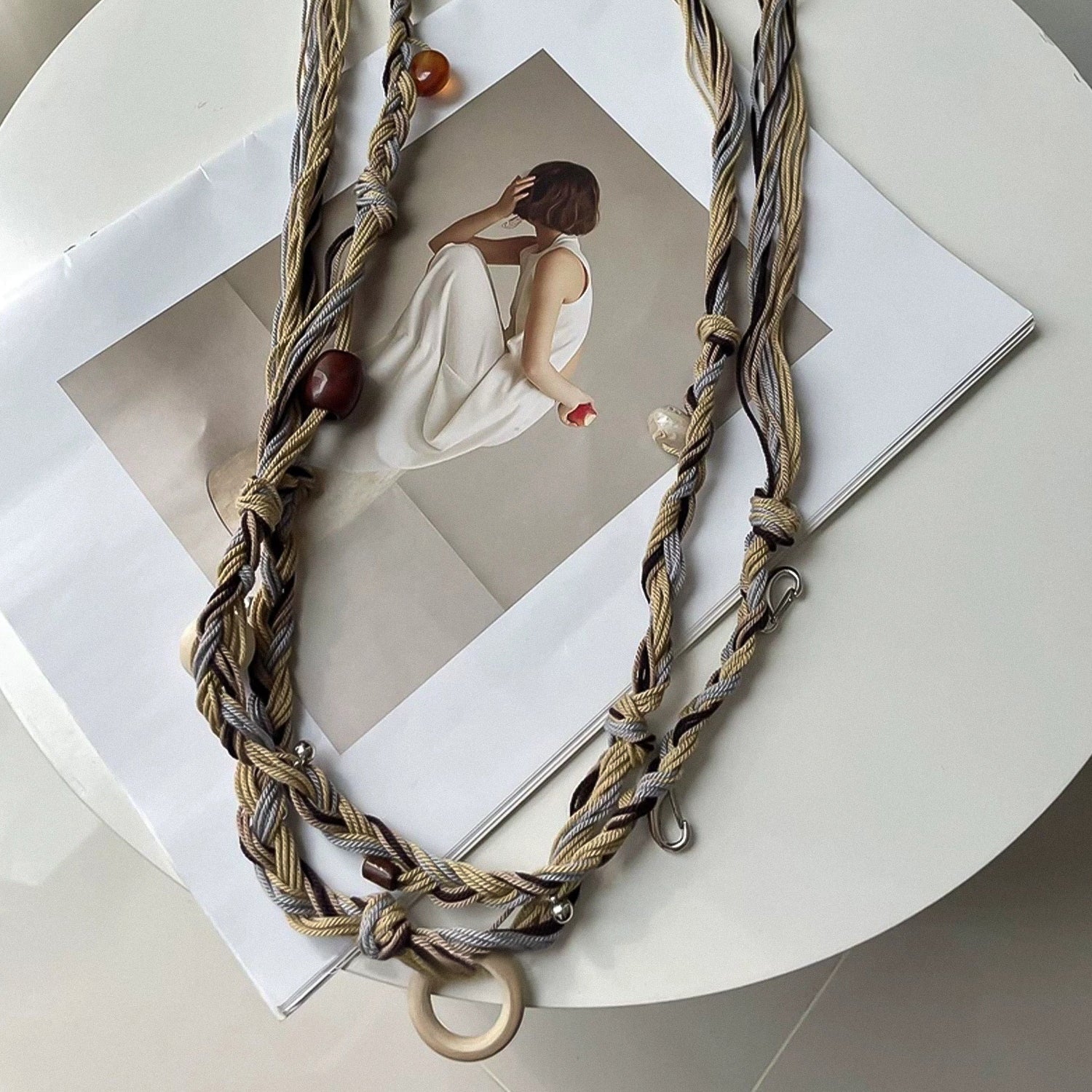 Hand-woven soft fabric wooden bead acrylic waist chain