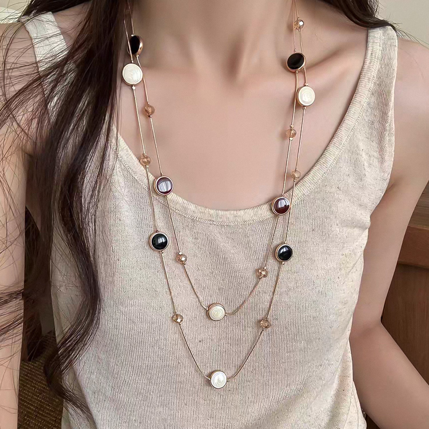 Round artificial gemstones double-layer long necklace