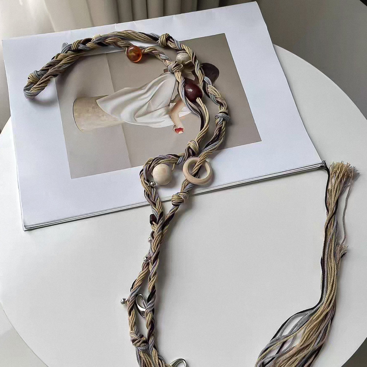 Hand-woven soft fabric wooden bead acrylic waist chain