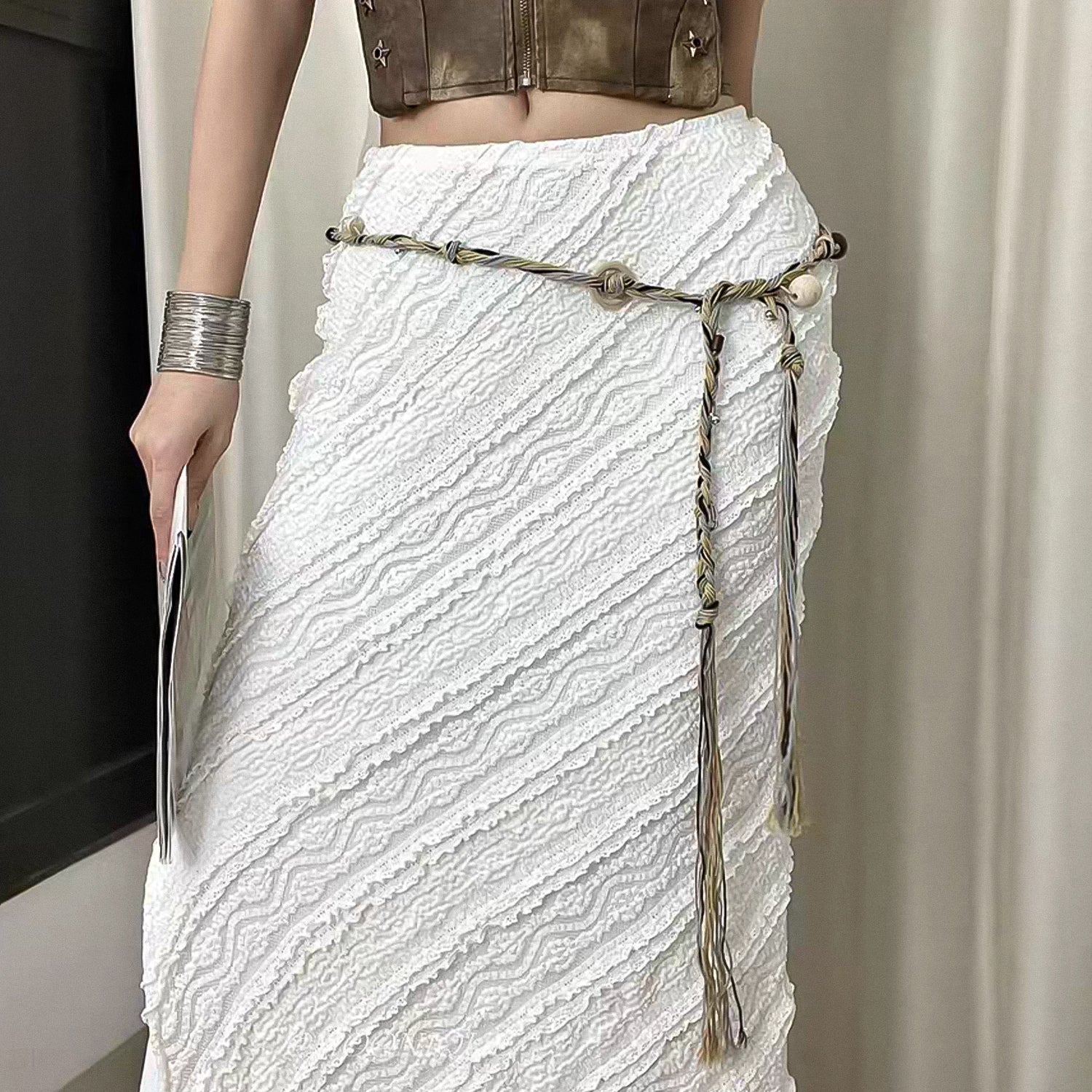 Hand-woven soft fabric wooden bead acrylic waist chain