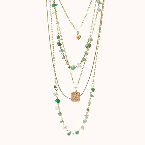 Bohemian-style natural green gemstone beaded multi-layered necklace